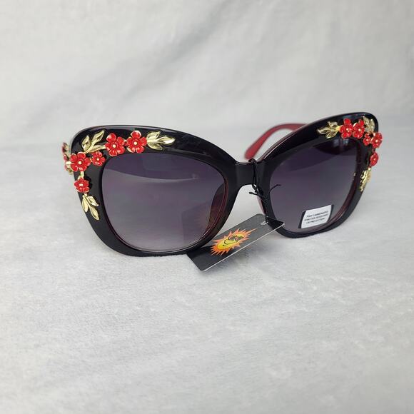 Statement Floral Embellished Cat-Eye Sunglasses Black Frame Red Gold Accents - Picture 8 of 10